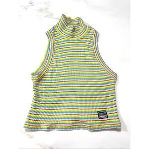 VTG 90s Versace JC Candy Striped Cotton Ribbed Mock Turtleneck Sleeveless Top